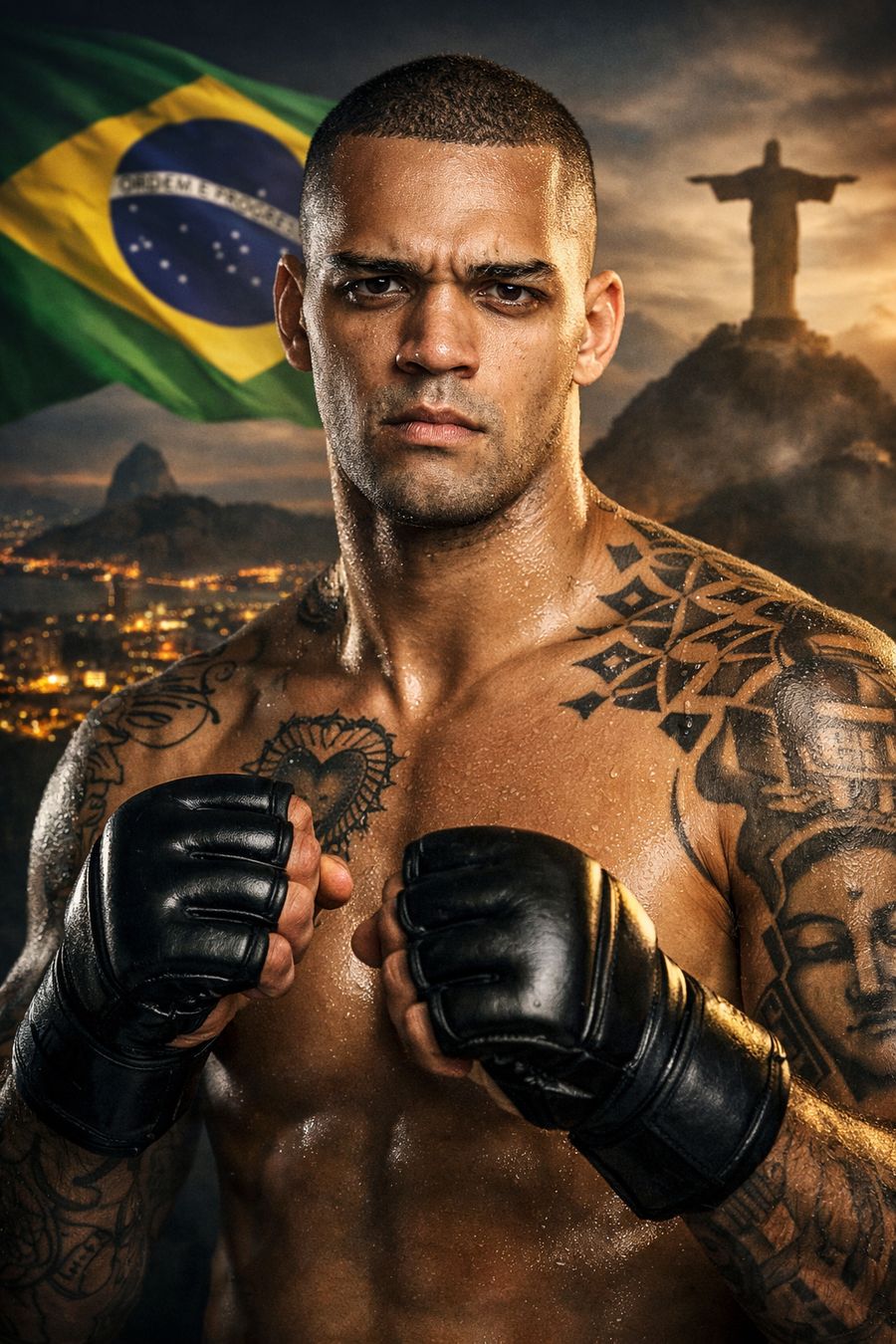 Jansey Silva stands in a fighting stance in front of the Brazilian flag and the Christ the Redeemer statue overlooking Rio de Janeiro.